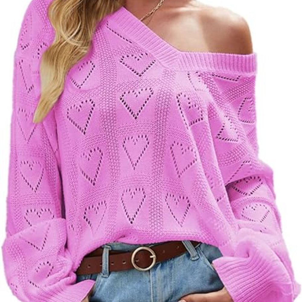 Women V Neck Sweater Crochet Long Sleeve Knit Pullover Heart Shape - Picture 3 of 6